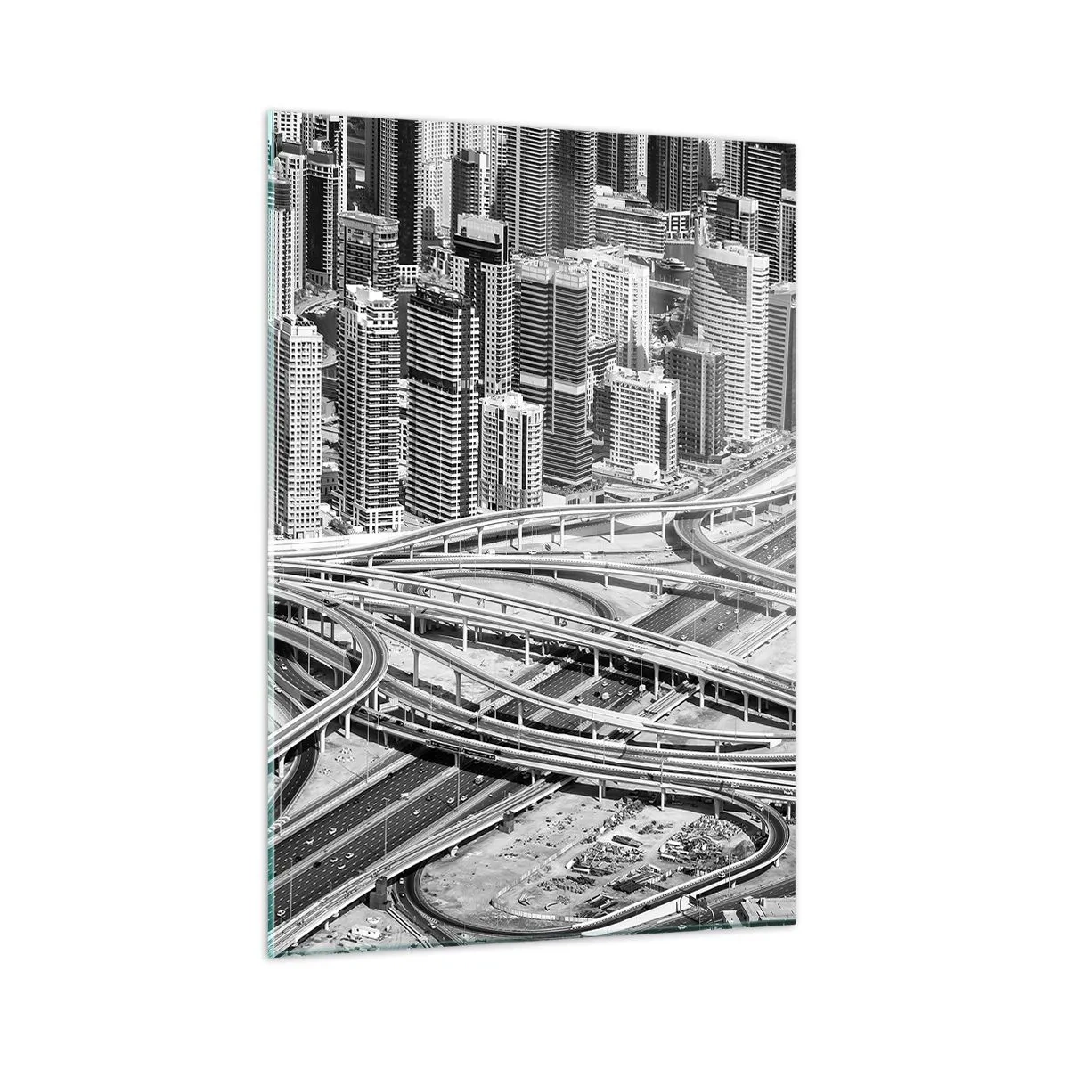 Impression sur verre - Image sur verre - Panorama noir et blanc de la ville avec un carrefour autoroutier - 50x70cm - Dubaï - la ville impossible - Décoration murale moderne pour le salon et la chambre ARTTOR