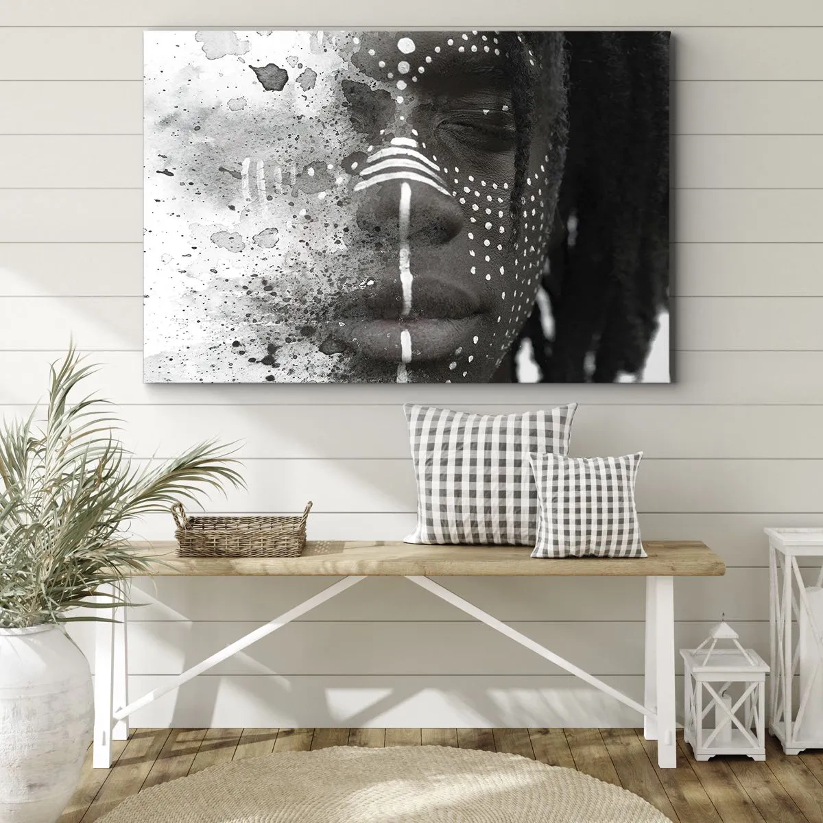 Impression sur toile - Image sur toile - Portrait de visage artistique avec des motifs blancs abstraits - 70x50cm - Découvrez l'esprit primal - Décoration murale moderne pour le salon et la chambre ARTTOR