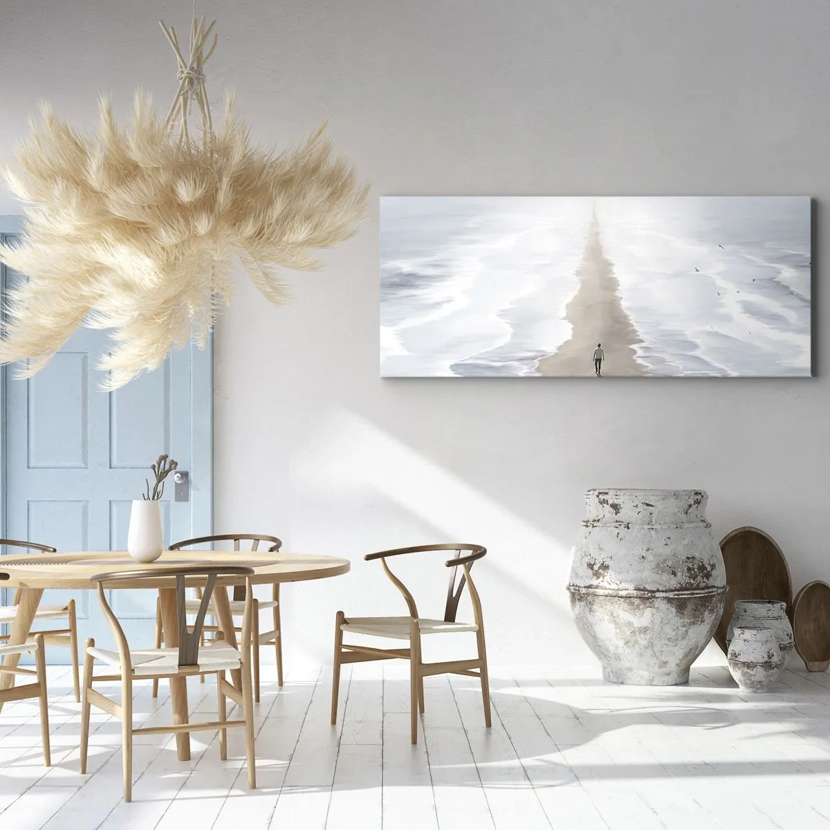 Impression sur toile - Image sur toile - Une silhouette sur une route solitaire au milieu d'un vaste paysage aquatique - 160x50cm - Un brillant avenir - Décoration murale moderne pour le salon et la chambre ARTTOR