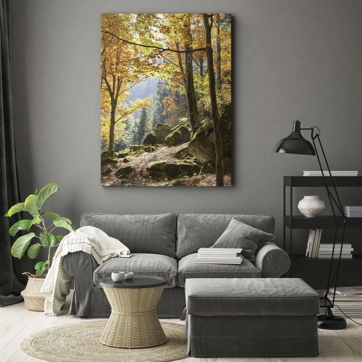 Impression sur toile - Image sur toile - Une forêt d'automne pleine de feuilles dorées et de soleil - 70x100cm - Il est temps de se détendre - Décoration murale moderne pour le salon et la chambre ARTTOR
