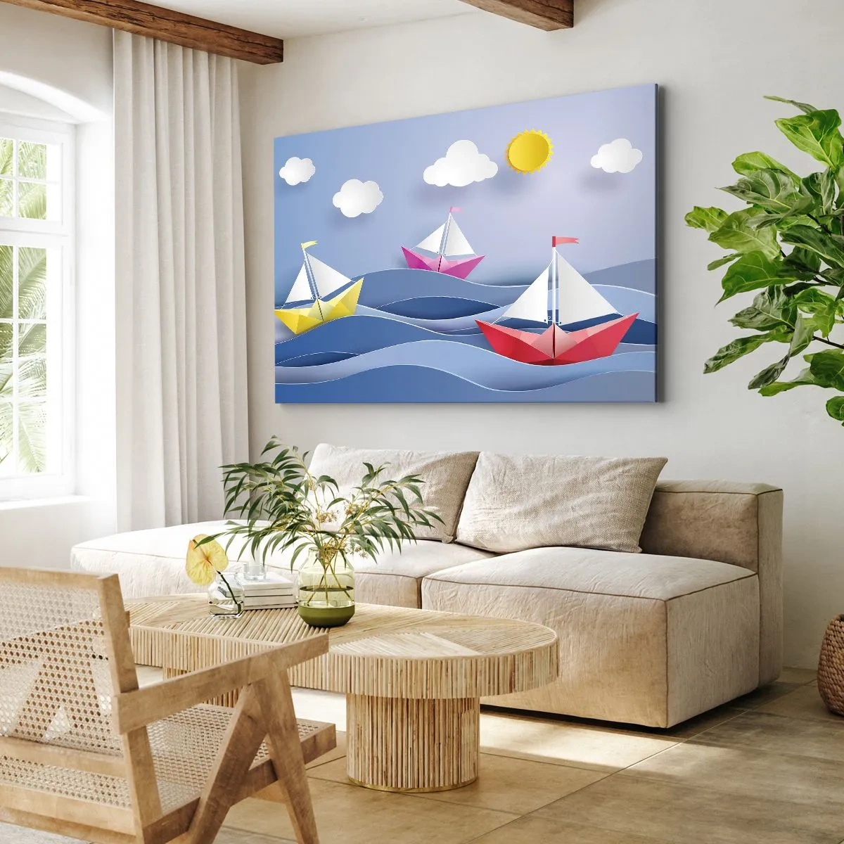 Impression sur toile - Image sur toile - Voiliers colorés sur les vagues par une journée ensoleillée - 100x70cm - Ah qu'il est agréable de se balancer dans les vagues - Décoration murale moderne pour le salon et la chambre ARTTOR