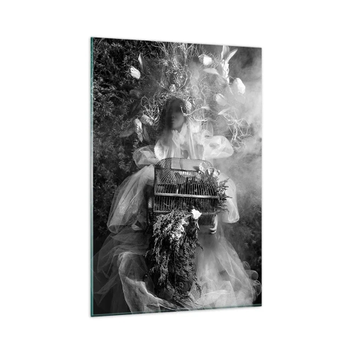 Impression sur verre - Image sur verre - Une composition en noir et blanc avec une figure en robe et une cage dans le brouillard. - 80x120cm - Tout simplement Mère Nature - Décoration murale moderne pour le salon et la chambre ARTTOR