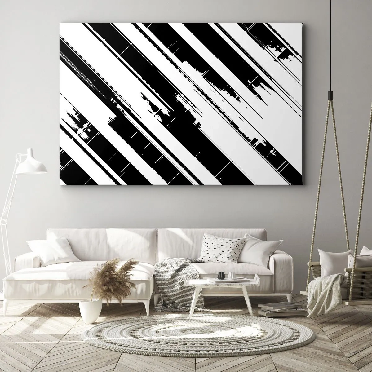 Impression sur toile - Image sur toile - Lignes noires et blanches et motifs géométriques dans un style moderne - 70x50cm - Une composition intense et dynamique - Décoration murale moderne pour le salon et la chambre ARTTOR