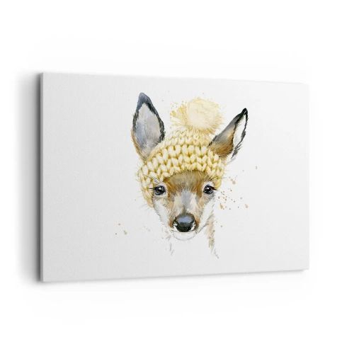 Impression sur toile - Image sur toile - Cerf aquarelle avec une casquette jaune - 100x70cm - Pour l'hiver dans la forêt enneigée - Décoration murale moderne pour le salon et la chambre ARTTOR