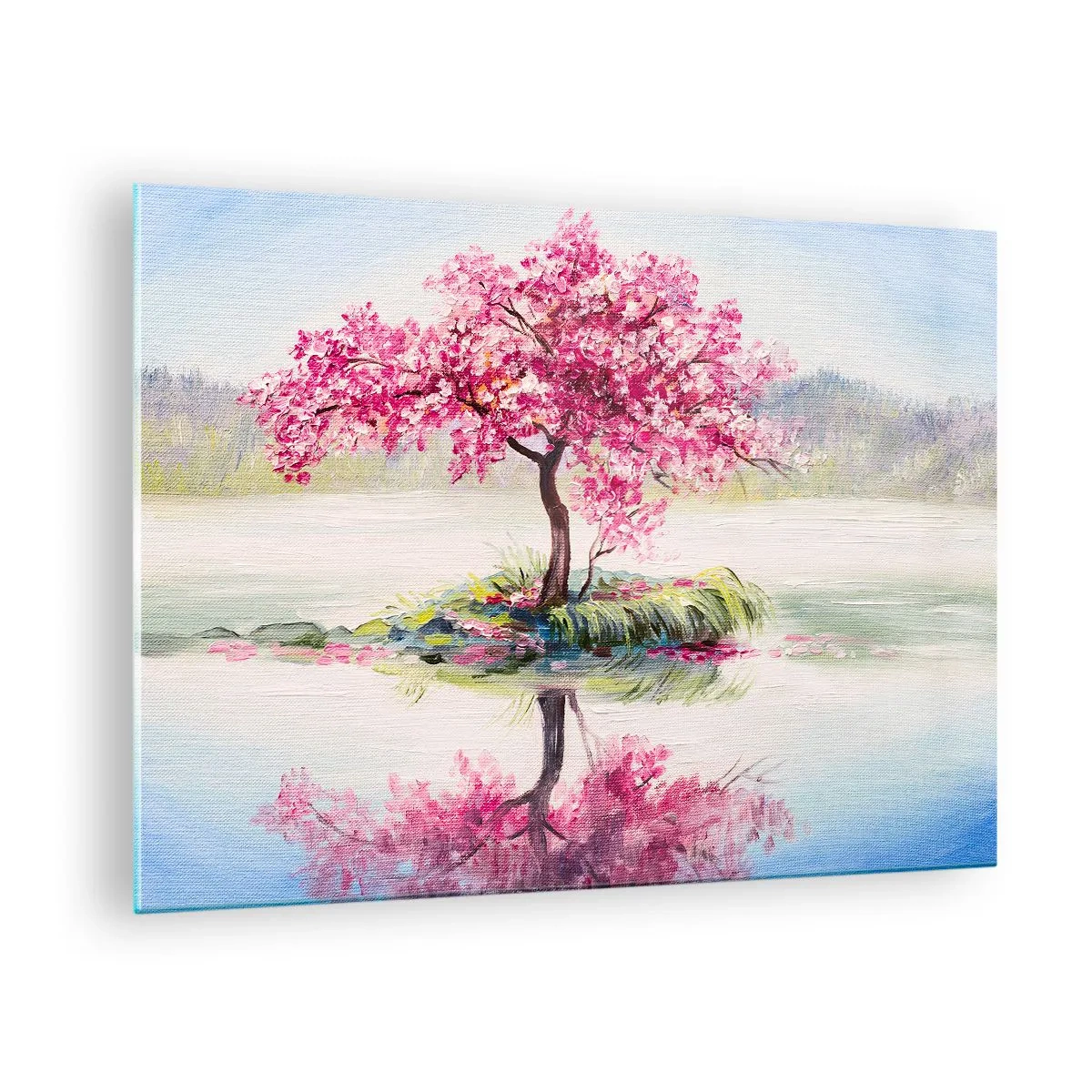 Impression sur verre - Image sur verre - Un arbre rose sur une île se reflétant dans l'eau calme - 70x50cm - Fête du Printemps - Décoration murale moderne pour le salon et la chambre ARTTOR