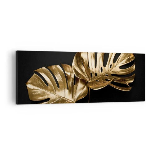 Impression sur toile - Image sur toile - Feuilles de monstera dorées sur fond noir - 140x50cm - Les trésors de la nature - Décoration murale moderne pour le salon et la chambre ARTTOR