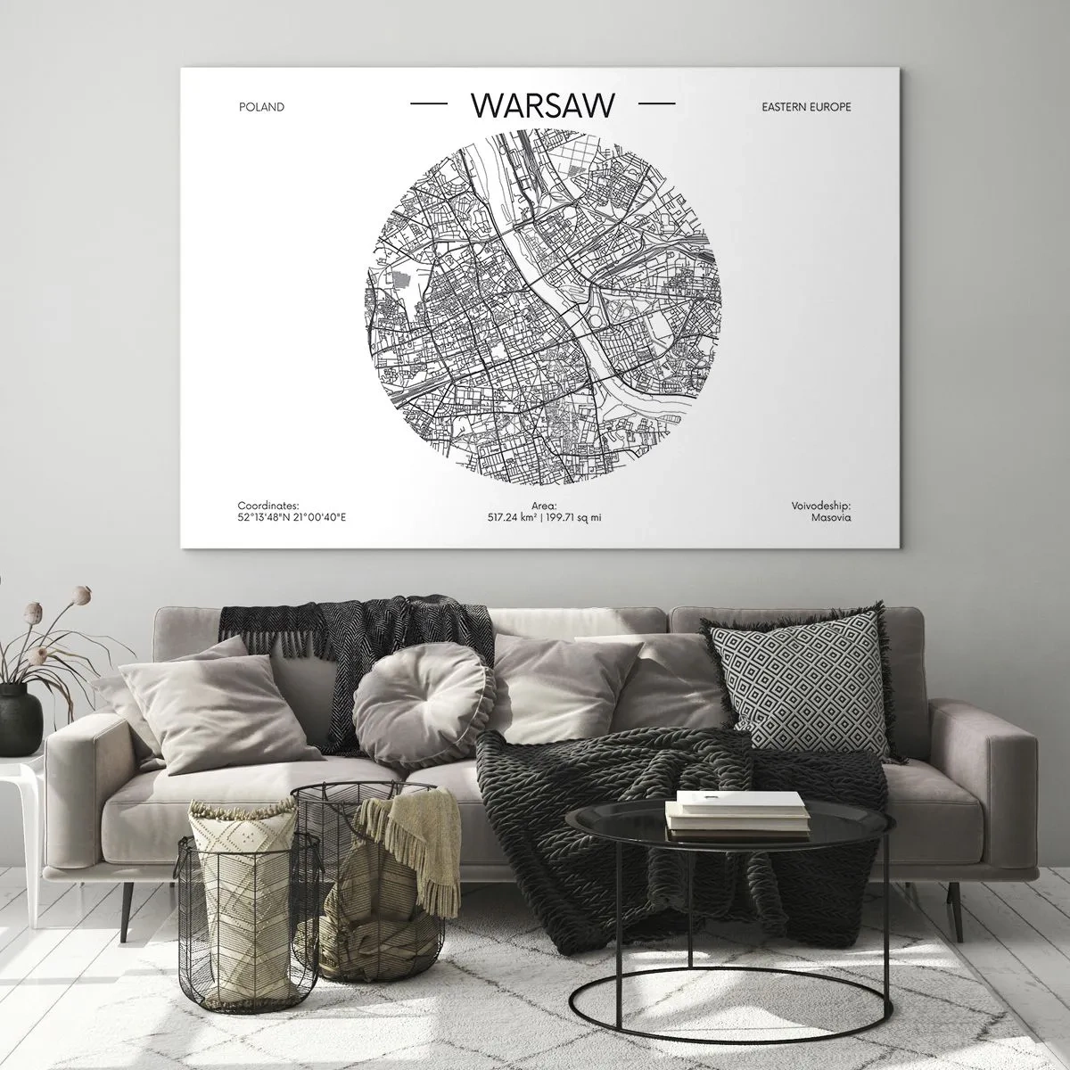 Impression sur verre - Image sur verre - Carte de Varsovie sous forme d'illustration graphique - 70x50cm - Anatomie de Varsovie - Décoration murale moderne pour le salon et la chambre ARTTOR