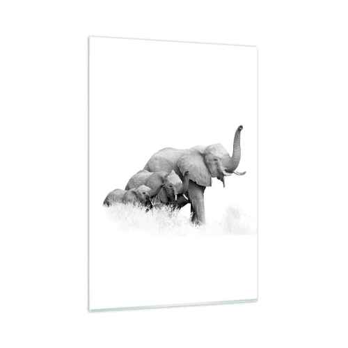 Impression sur verre - Image sur verre - Une famille d'éléphants sur fond de paysage africain en noir et blanc. - 80x120cm - Un, deux, trois - Décoration murale moderne pour le salon et la chambre ARTTOR
