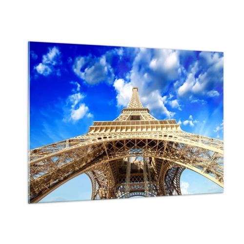 Impression sur verre - Image sur verre - La Tour Eiffel vue d'en haut contre le ciel - 100x70cm - Atteindre le ciel et les nuages - Décoration murale moderne pour le salon et la chambre ARTTOR