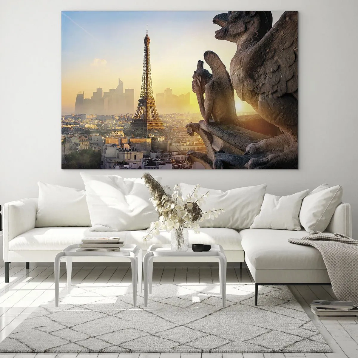 Impression sur verre - Image sur verre - La Tour Eiffel dans le brouillard matinal, avec vue sur Paris et sculptures gothiques - 100x70cm - Tellement de choses ont changés... - Décoration murale moderne pour le salon et la chambre ARTTOR