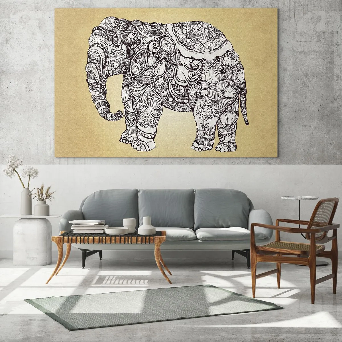 Impression sur verre - Image sur verre - Éléphant noir et blanc avec des motifs orientaux sur fond beige - 70x50cm - L'éléphant s'est apprêté - Décoration murale moderne pour le salon et la chambre ARTTOR
