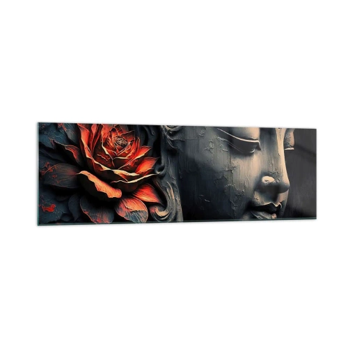 Impression sur verre - Image sur verre - Sculpture de Bouddha avec une fleur de lotus rouge - 160x50cm - En harmonie avec le monde - Décoration murale moderne pour le salon et la chambre ARTTOR