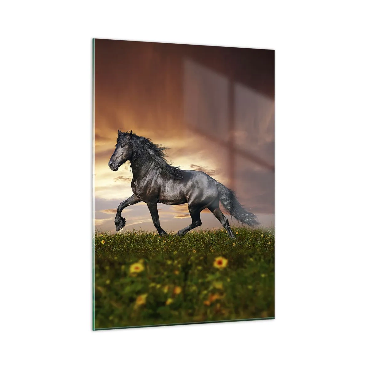 Impression sur verre - Image sur verre - Un cheval noir galopant contre le soleil couchant - 50x70cm - Livres noirs - Décoration murale moderne pour le salon et la chambre ARTTOR