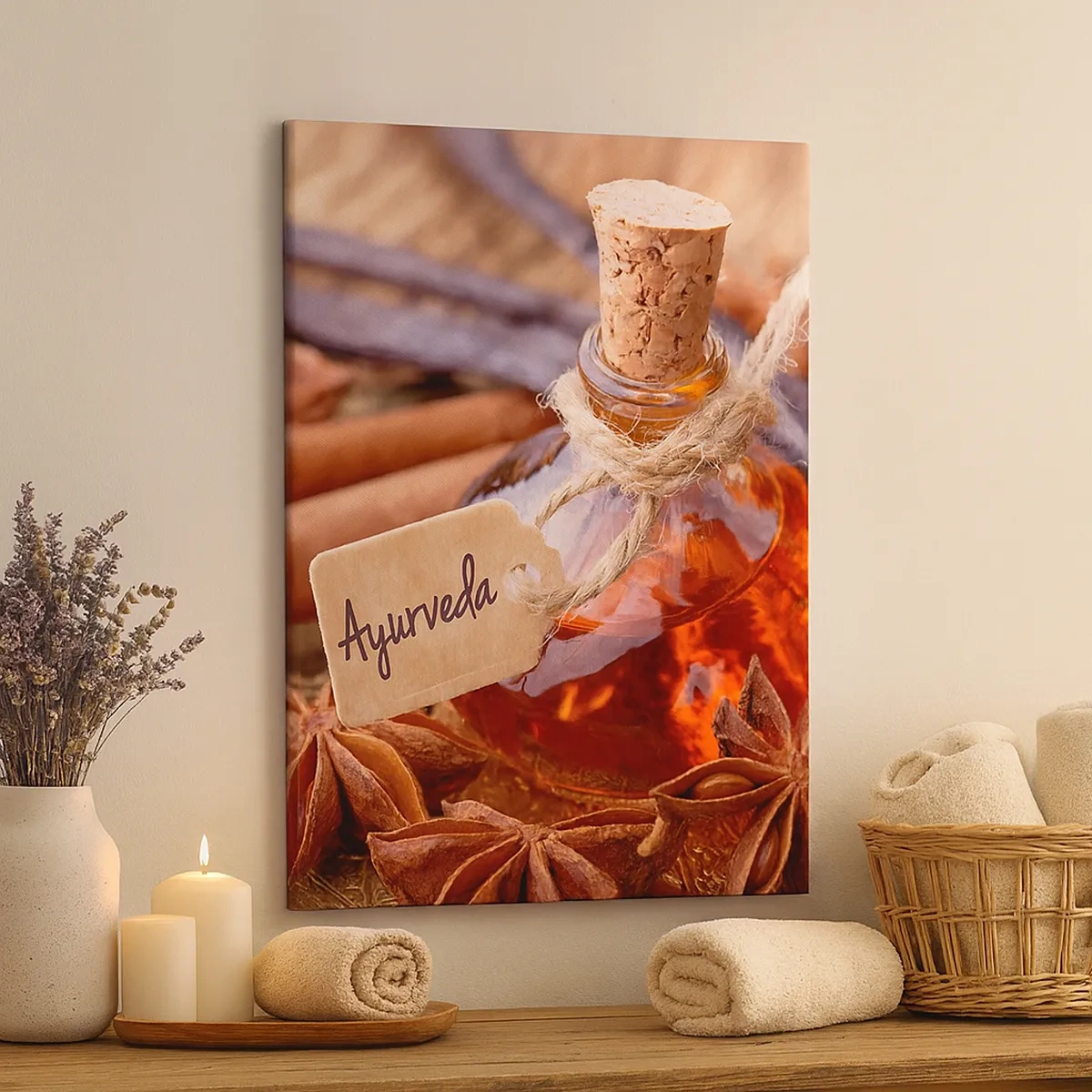 Impression sur toile - Image sur toile - Une bouteille d'huile d'épices sur un plateau - 50x70cm - Vers l'unité du corps et de l'esprit - Décoration murale moderne pour le salon et la chambre ARTTOR