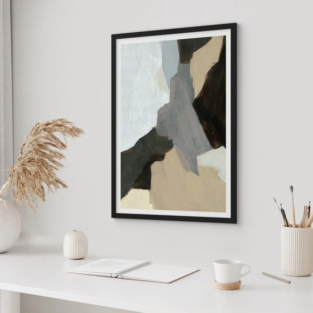 Affiche dans un cadre noir - Poster - Composition abstraite aux couleurs tamisées - 50x70cm - Abstraction : le carrefour du gris - Décoration murale moderne pour le salon et la chambre ARTTOR