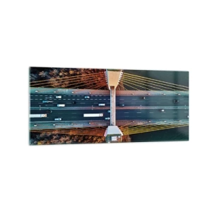 Impression sur verre - Image sur verre - Vue aérienne du pont sur la rivière et du paysage d'automne - 120x50cm - Au dessus de l'eau et de la forêt - Décoration murale moderne pour le salon et la chambre ARTTOR
