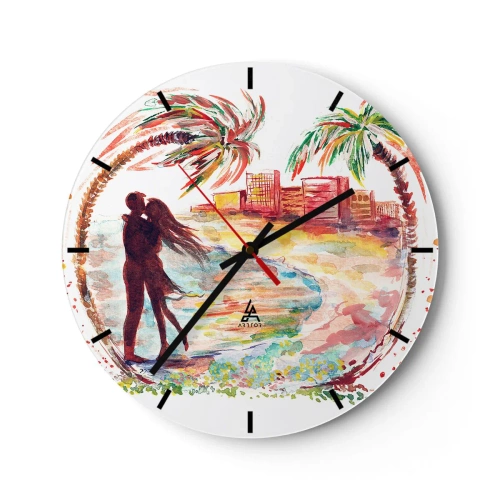 Horloge murale - Pendule murale - Couple romantique sur la plage avec des palmiers en arrière-plan - 30x30cm - Vacances romantiques - Décoration murale moderne pour le salon, la cuisine et la chambre ARTTOR