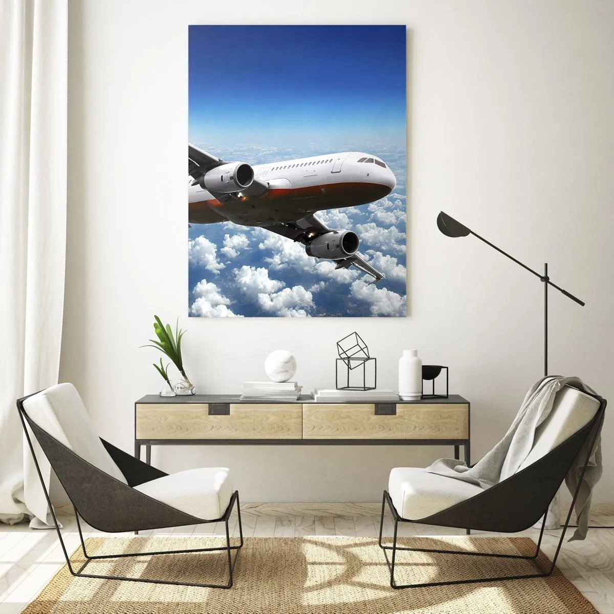 Impression sur verre - Image sur verre - Un avion de ligne volant au-dessus des nuages contre un ciel bleu - 50x70cm - Éloignez-vous de tout - Décoration murale moderne pour le salon et la chambre ARTTOR