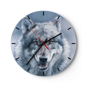Horloge murale - Pendule murale - Un loup aux crocs dénudés sur un fond bleu froid - 30x30cm - Relèverez-vous le défi ? - Décoration murale moderne pour le salon, la cuisine et la chambre ARTTOR