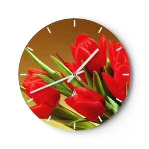 Horloge murale - Pendule murale - Un bouquet de tulipes rouges sur fond doré - 30x30cm - Amas de joie printanière - Décoration murale moderne pour le salon, la cuisine et la chambre ARTTOR