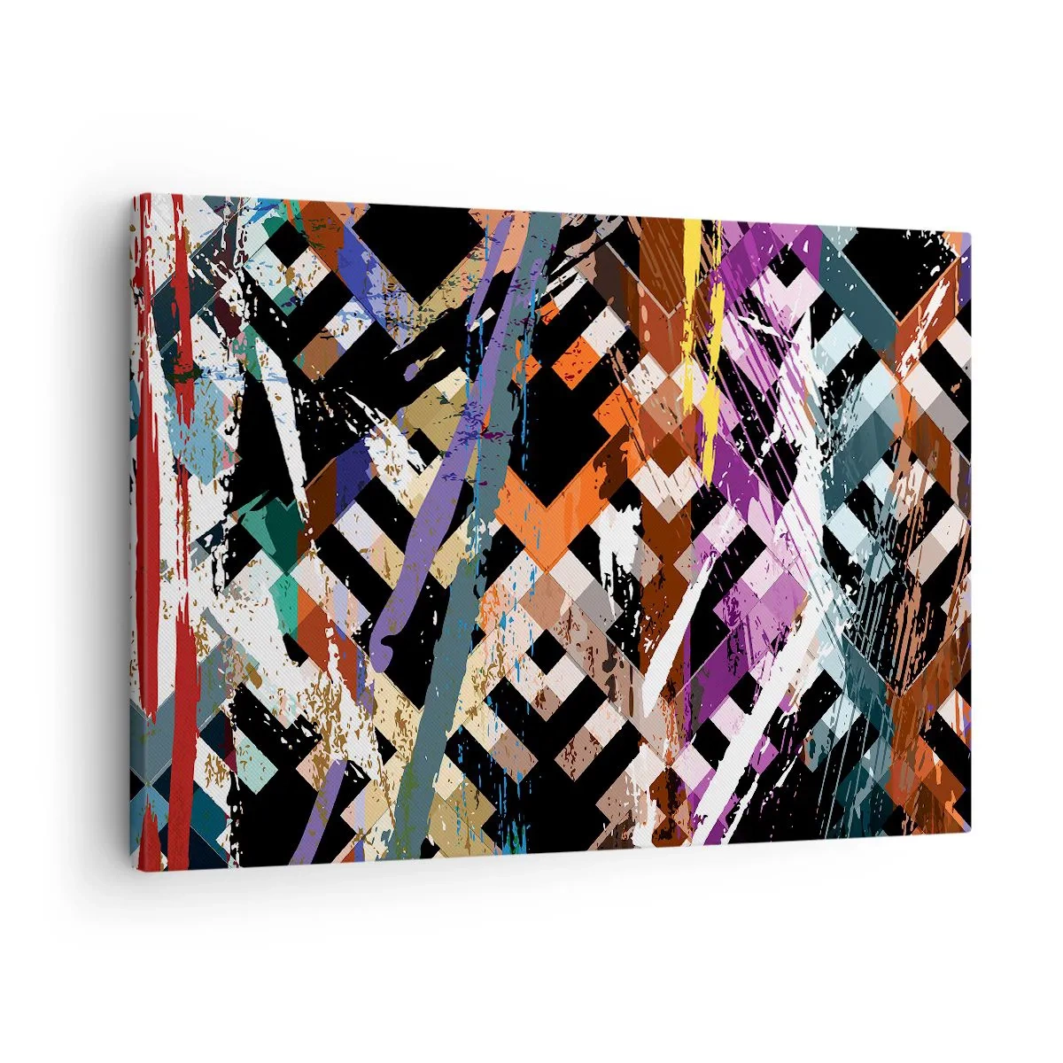 Impression sur toile - Image sur toile - Composition abstraite avec des lignes colorées sur fond noir - 70x50cm - Se mettre au carré - Décoration murale moderne pour le salon et la chambre ARTTOR