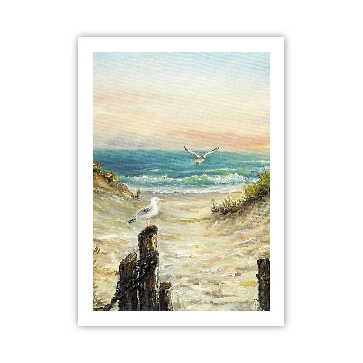 Affiche - Poster - Plage avec mouettes et vagues au coucher du soleil - 50x70cm - Retraite au calme - Décoration murale moderne pour le salon et la chambre ARTTOR