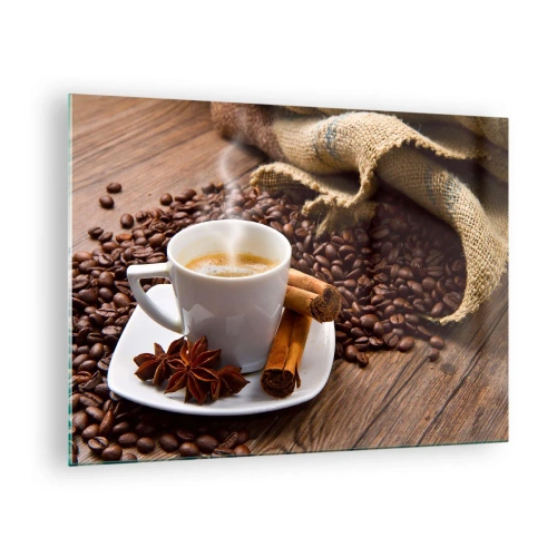 Impression sur verre - Image sur verre - Une tasse de café avec de la cannelle et des grains de café sur une table en bois - 70x50cm - Saveur et arôme épicés - Décoration murale moderne pour le salon et la chambre ARTTOR