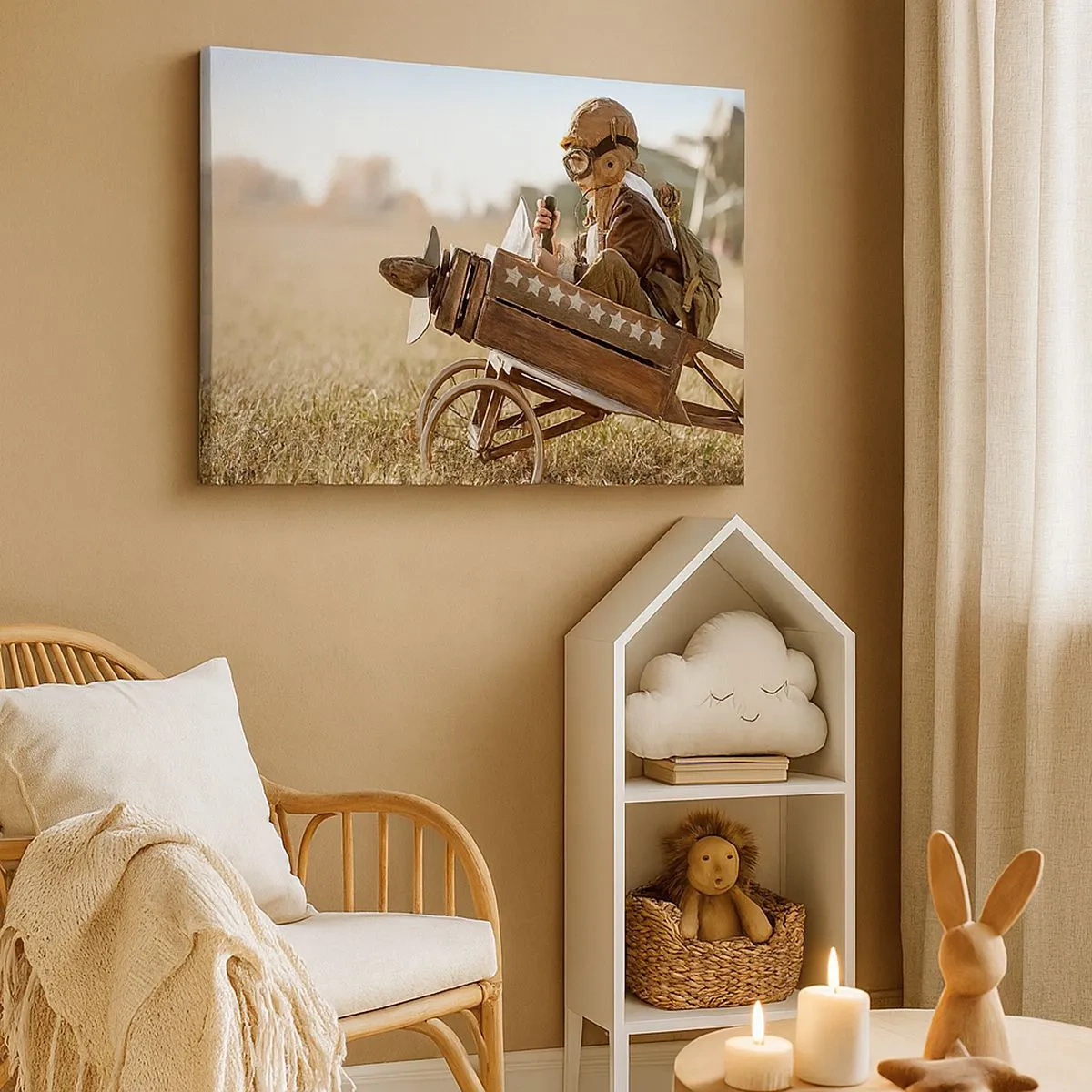 Impression sur toile - Image sur toile - Un enfant dans un avion jouet avec un champ en arrière-plan - 70x50cm - Départ vers un rêve - Décoration murale moderne pour le salon et la chambre ARTTOR