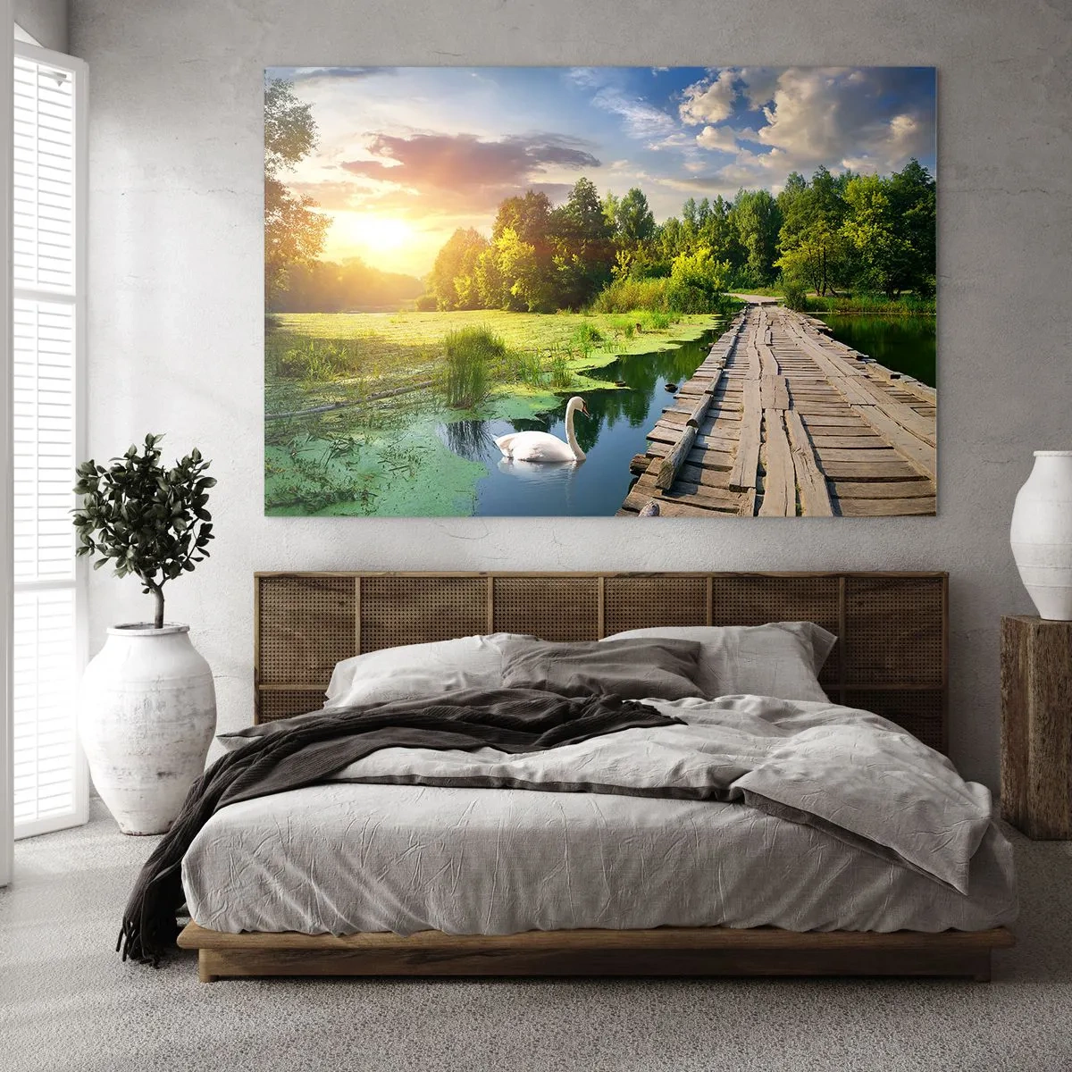 Impression sur verre - Image sur verre - Jetée en bois sur un lac avec un cygne au coucher du soleil - 70x50cm - L'été, l'été partout - Décoration murale moderne pour le salon et la chambre ARTTOR