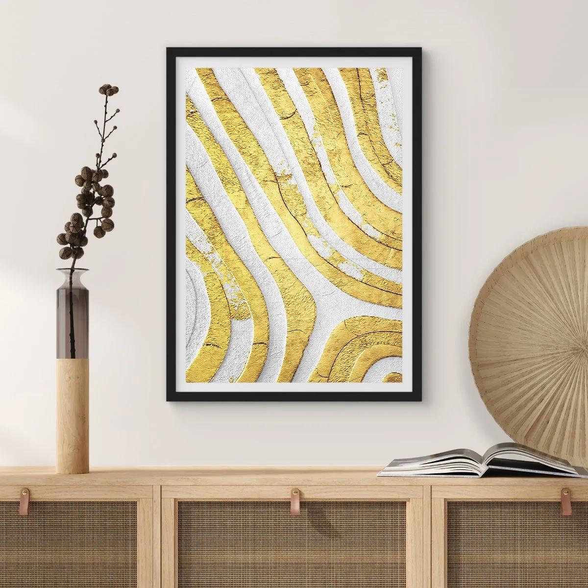 Affiche dans un cadre noir - Poster - Lignes dorées sur fond blanc dans un style abstrait - 50x70cm - Composition en blanc et or - Décoration murale moderne pour le salon et la chambre ARTTOR