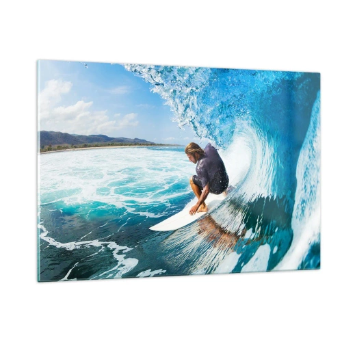 Impression sur verre - Image sur verre - Surfeur dans un tunnel d'eau avec l'océan en arrière-plan - 120x80cm - Danse avec les vagues - Décoration murale moderne pour le salon et la chambre ARTTOR