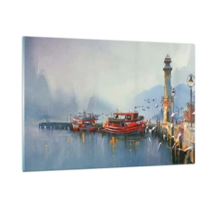Impression sur verre - Image sur verre - Un port avec des bateaux rouges, un phare et des oiseaux sur fond de montagnes - 120x80cm - Na końcu świata - Décoration murale moderne pour le salon et la chambre ARTTOR