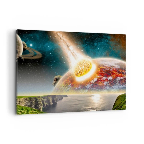 Impression sur toile - Image sur toile - Une météorite entre en collision avec une planète dans un paysage cosmique. - 100x70cm - Drame spatial - Décoration murale moderne pour le salon et la chambre ARTTOR