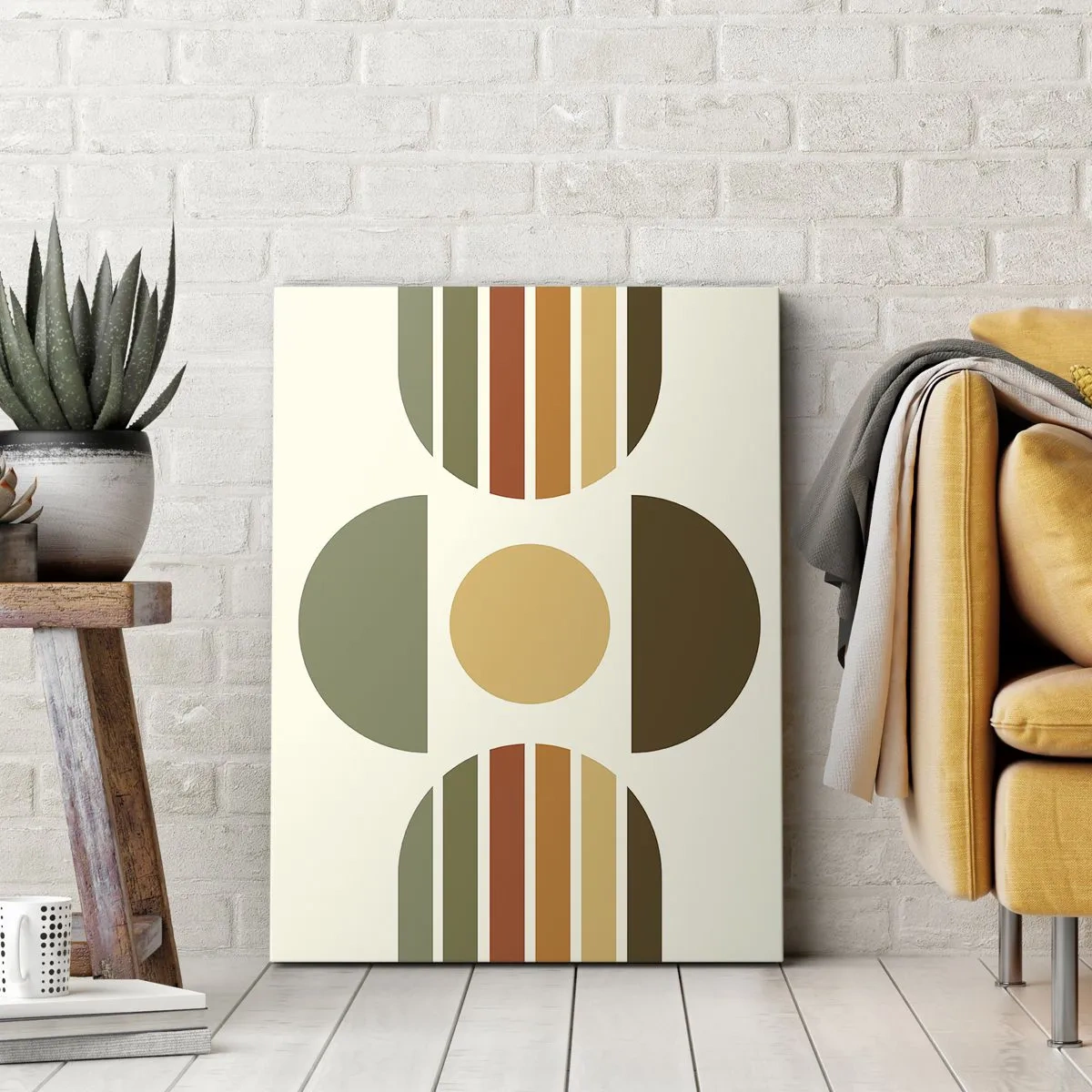 Impression sur toile - Image sur toile - Composition géométrique avec des demi-cercles et des rayures dans des tons terreux - 80x120cm - Dans les coulaurs de la terre - Décoration murale moderne pour le salon et la chambre ARTTOR