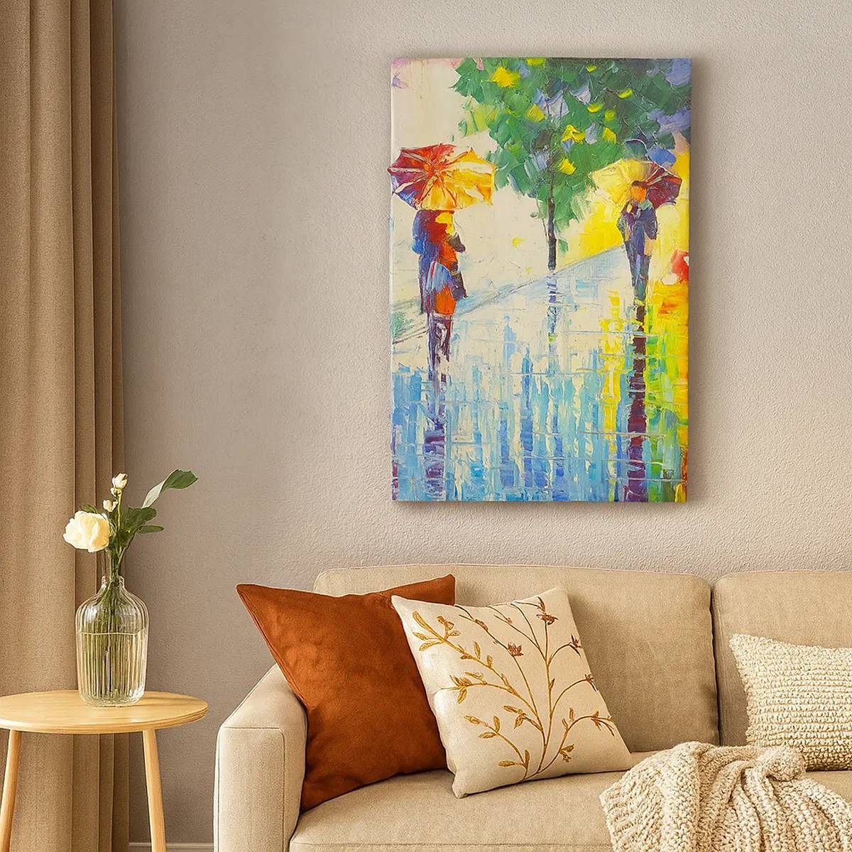 Impression sur toile - Image sur toile - Une promenade avec un parapluie dans un paysage pluvieux coloré - 50x70cm - Et tout est clair - Décoration murale moderne pour le salon et la chambre ARTTOR