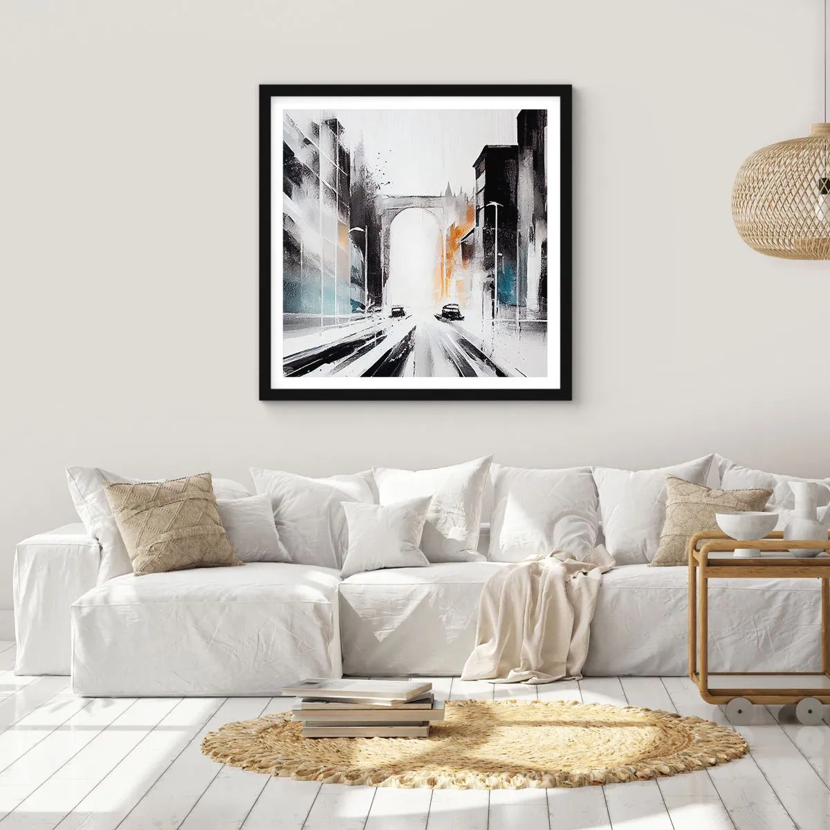 Affiche dans un cadre noir - Poster - Étude de ville : architecture et mouvement - 30x30 cm