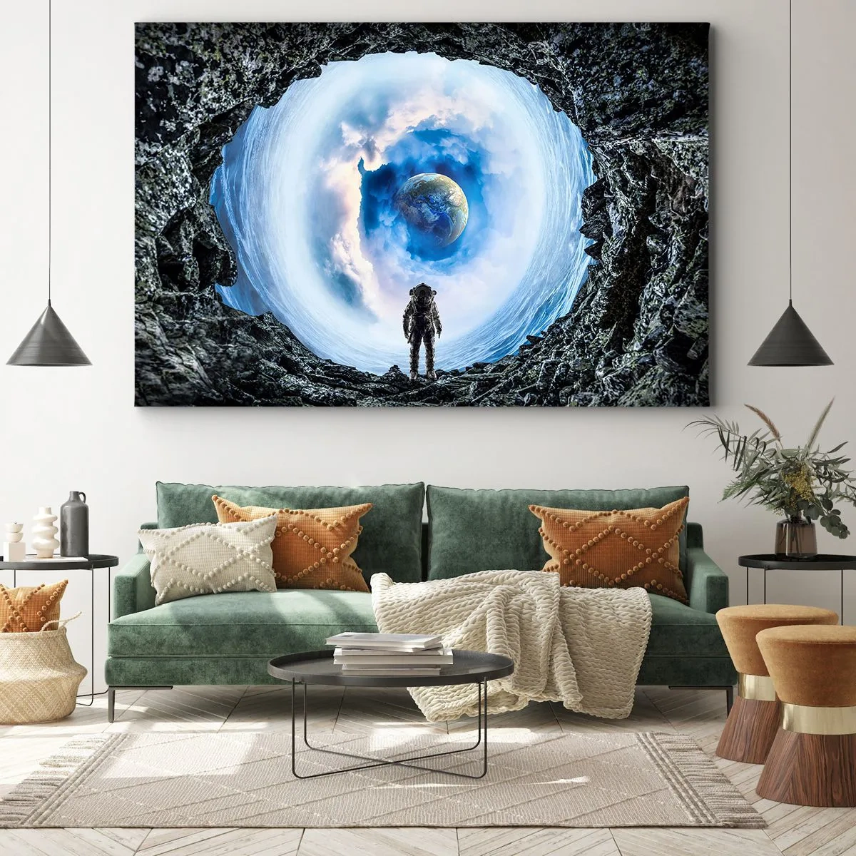 Impression sur toile - Image sur toile - Astronaute devant un paysage spatial avec la Terre en arrière-plan - 120x80cm - Plus très loin de la maison - Décoration murale moderne pour le salon et la chambre ARTTOR