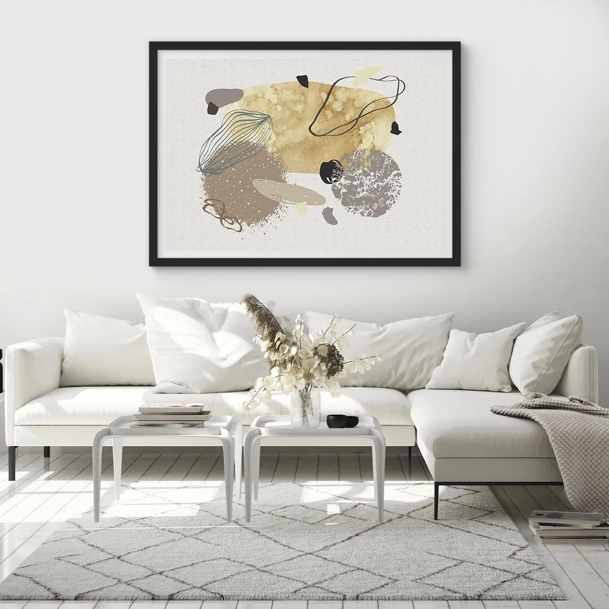 Affiche dans un cadre noir - Poster - Une composition de formes abstraites en beige et jaune. - 70x50cm - Plumcologie appliquée - Décoration murale moderne pour le salon et la chambre ARTTOR