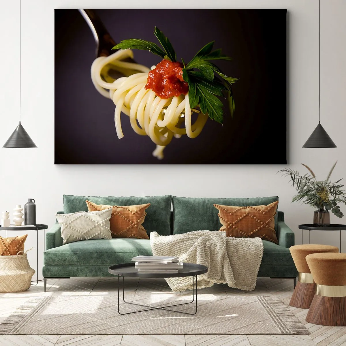 Impression sur toile - Image sur toile - Spaghettis à la fourchette avec sauce tomate et persil - 70x50cm - Une bouchée savoureuse - Décoration murale moderne pour le salon et la chambre ARTTOR