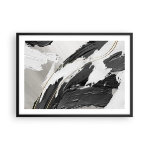Affiche dans un cadre noir - Poster - Coups de pinceau noirs et blancs avec une subtile touche dorée - 70x50cm - L'abstraction à grande échelle - Décoration murale moderne pour le salon et la chambre ARTTOR