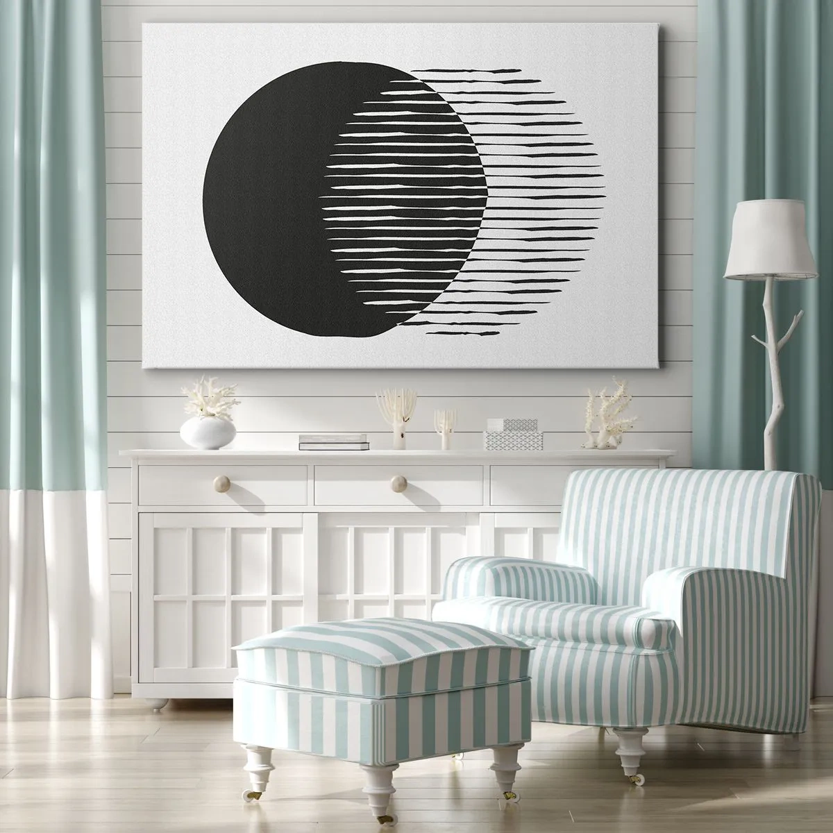 Impression sur toile - Image sur toile - Deux cercles superposés avec des lignes noires et blanches - 70x50cm - Son alter ego - Décoration murale moderne pour le salon et la chambre ARTTOR
