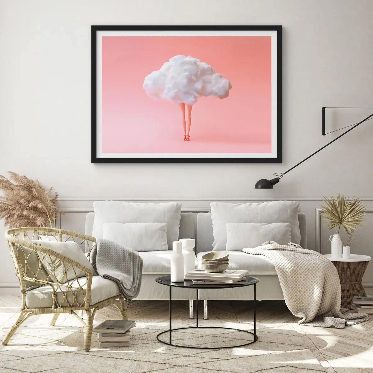 Affiche dans un cadre noir - Poster - Jambes dans un nuage sur fond rose - 100x70cm - Douce promesse - Décoration murale moderne pour le salon et la chambre ARTTOR