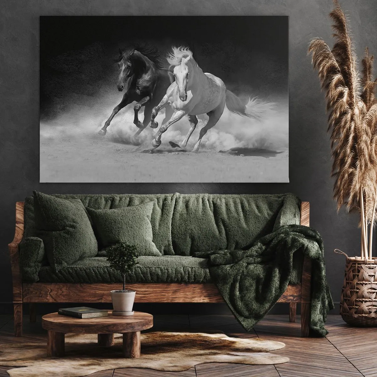 Impression sur toile - Image sur toile - Chevaux au galop en noir et blanc - 70x50cm - Galop de la liberté - Décoration murale moderne pour le salon et la chambre ARTTOR