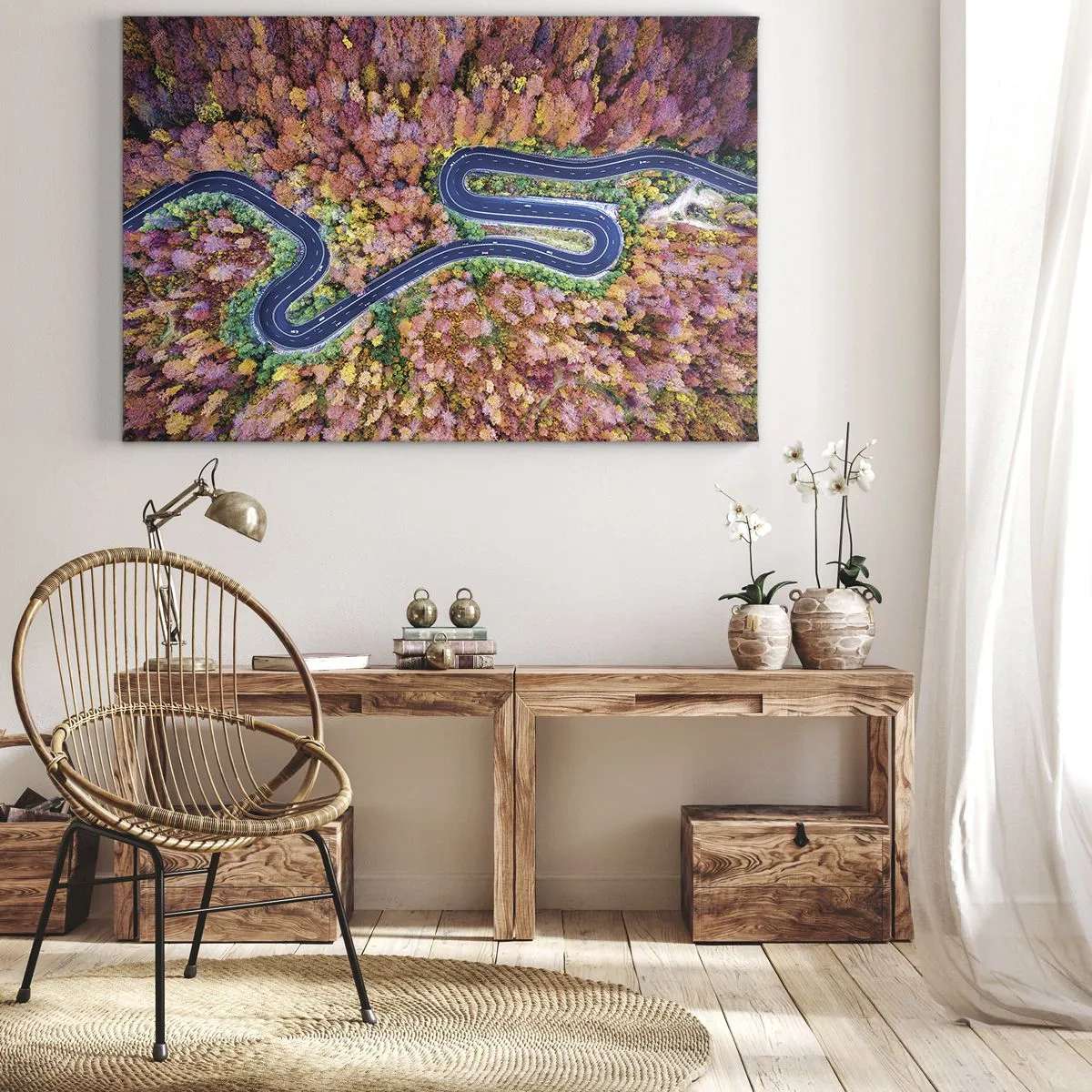 Impression sur toile - Image sur toile - Une route sinueuse dans une forêt d'automne vue à vol d'oiseau - 70x50cm - Route sinueuse à travers la forêt - Décoration murale moderne pour le salon et la chambre ARTTOR