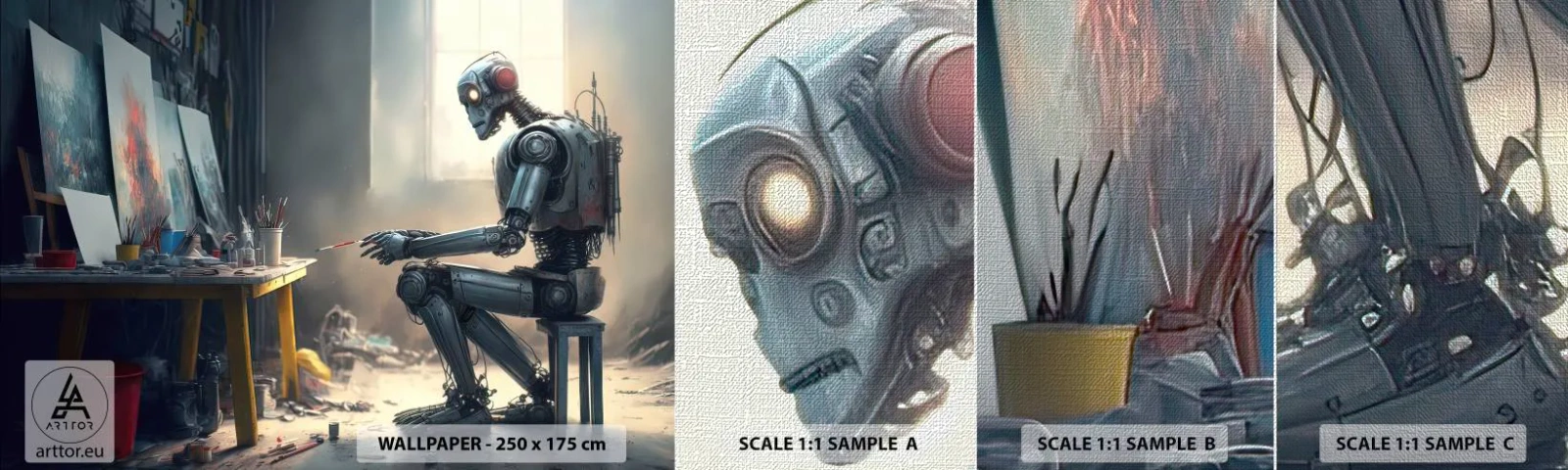 Échantillon de Papier Peint Premium Canvas - L'acte de création - Morceau, Peinture, Robot - 100x30 cm