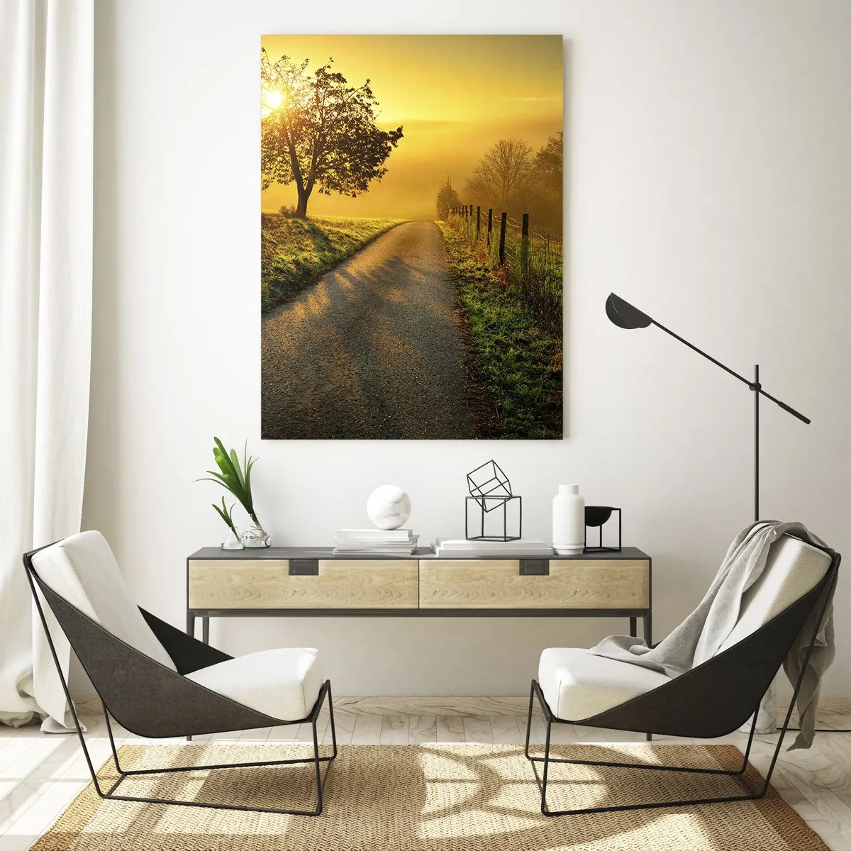 Impression sur verre - Image sur verre - Une route pittoresque au coucher du soleil avec un arbre solitaire en arrière-plan - 70x100cm - Après-midi de miel - Décoration murale moderne pour le salon et la chambre ARTTOR