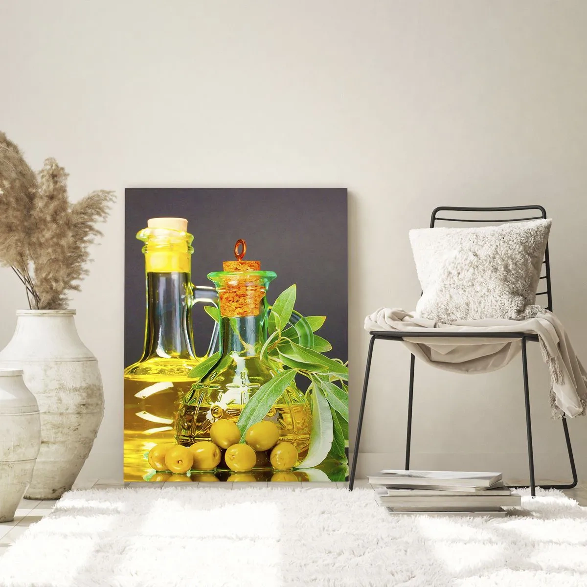 Impression sur verre - Image sur verre - Bouteilles d'huile d'olive et branches d'olivier - 80x120cm - Nature morte aux olives et à l'huile d'olive - Décoration murale moderne pour le salon et la chambre ARTTOR