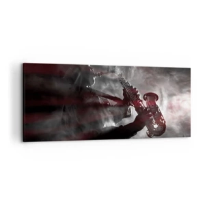 Impression sur toile - Image sur toile - Saxophoniste en fumée sur scène en noir et rouge atmosphérique - 120x50cm - Dans les brumes du jazz - Décoration murale moderne pour le salon et la chambre ARTTOR