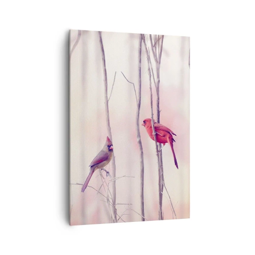 Impression sur toile - Image sur toile - Un couple de cardinaux perchés sur des branches dans un paysage pastel - 70x100cm - Conte de la forêt rose - Décoration murale moderne pour le salon et la chambre ARTTOR