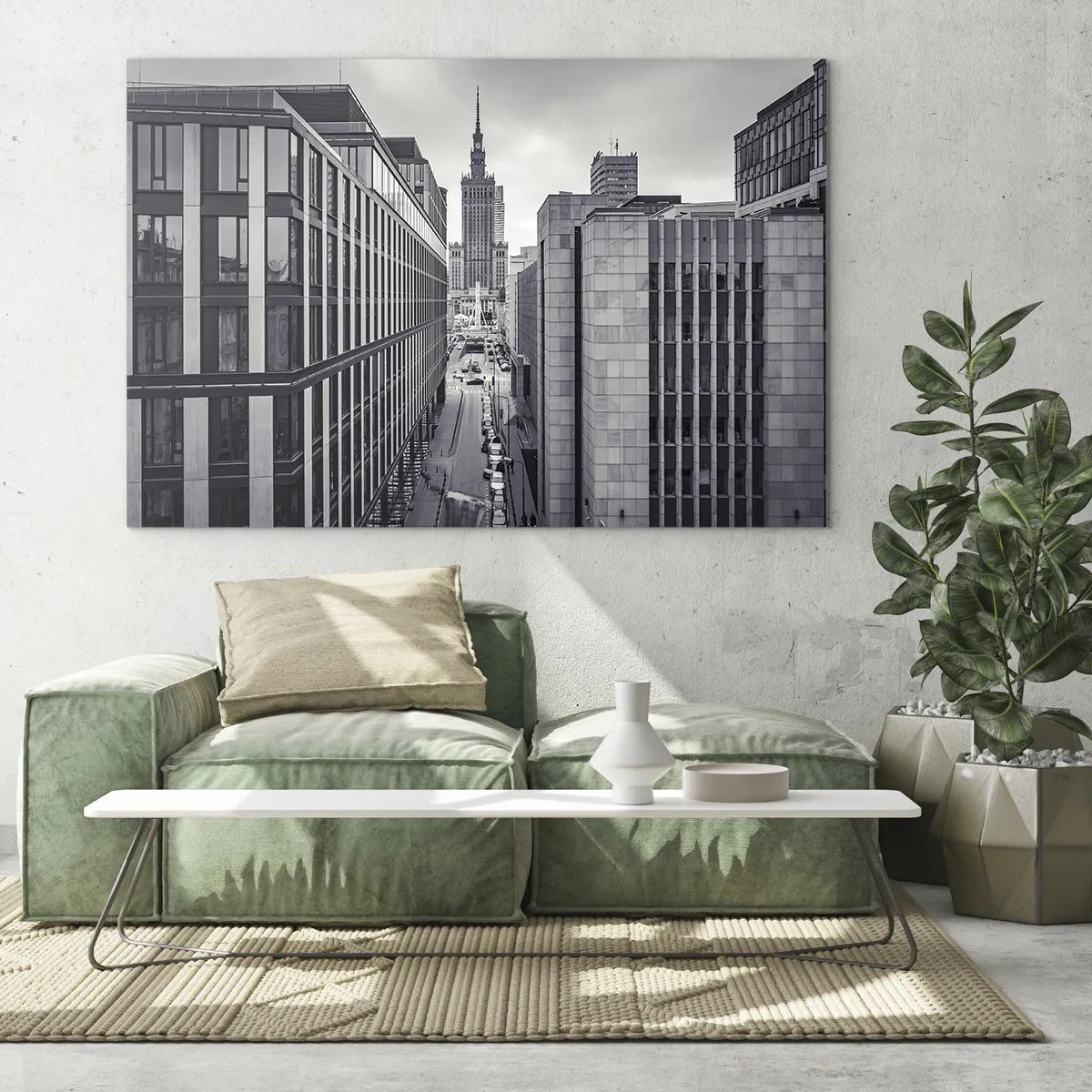 Impression sur verre - Image sur verre - Vue de la ville en noir et blanc avec des gratte-ciel et une rue - 120x80cm - Vallée de Varsovie - Décoration murale moderne pour le salon et la chambre ARTTOR